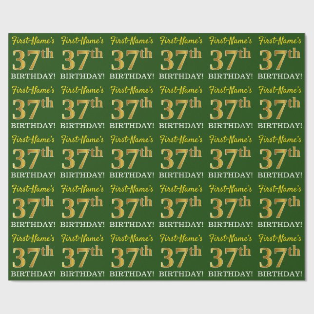 Green, Imitation Gold Look "37th BIRTHDAY" Wrapping Paper (Flat)