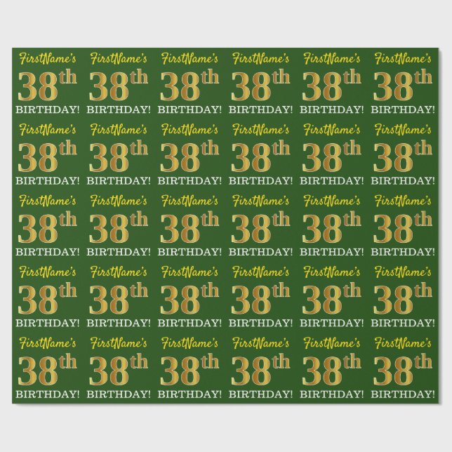 Green, Imitation Gold Look "38th BIRTHDAY" Wrapping Paper (Flat)