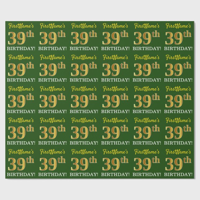 Green, Imitation Gold Look "39th BIRTHDAY" Wrapping Paper (Flat)
