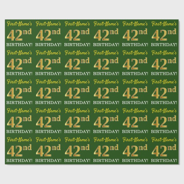 Green, Imitation Gold Look "42nd BIRTHDAY" Wrapping Paper (Flat)