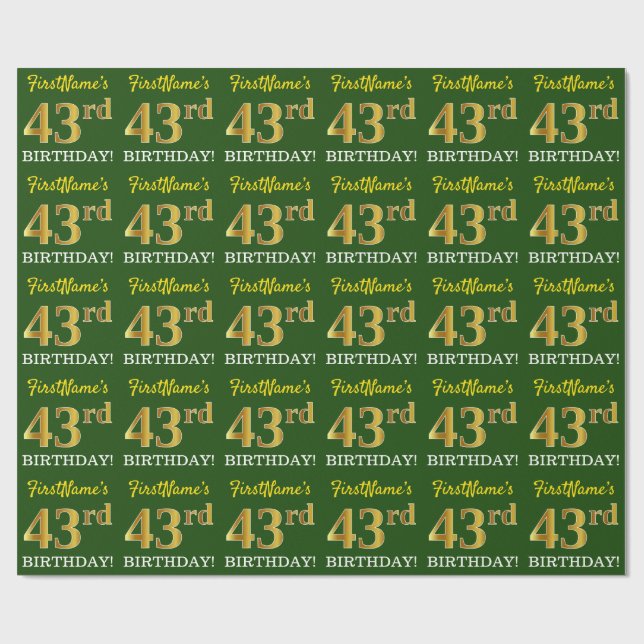 Green, Imitation Gold Look "43rd BIRTHDAY" Wrapping Paper (Flat)
