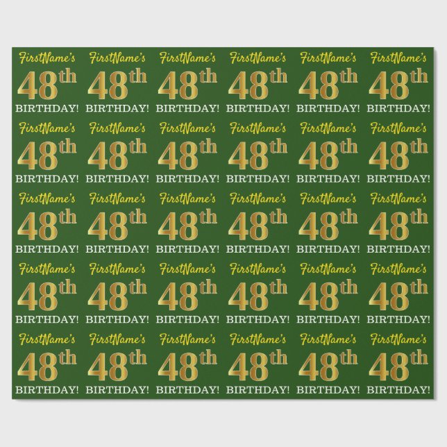 Green, Imitation Gold Look "48th BIRTHDAY" Wrapping Paper (Flat)