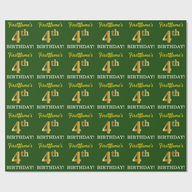 Green, Imitation Gold Look "4th BIRTHDAY" Wrapping Paper (Flat)