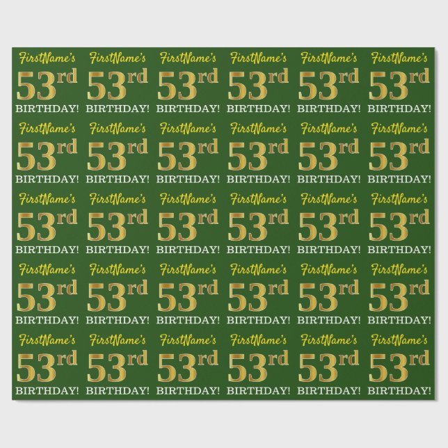 Green, Imitation Gold Look "53rd BIRTHDAY" Wrapping Paper (Flat)