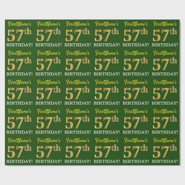Green, Imitation Gold Look "57th BIRTHDAY" Wrapping Paper (Flat)