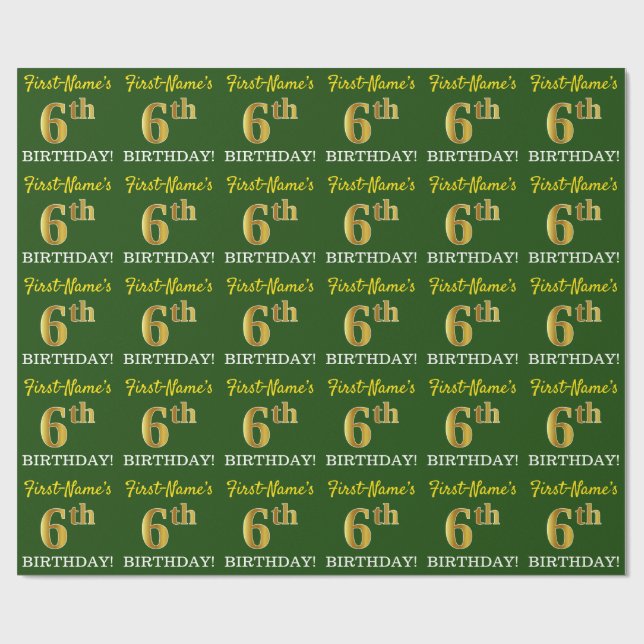 Green, Imitation Gold Look "6th BIRTHDAY" Wrapping Paper (Flat)
