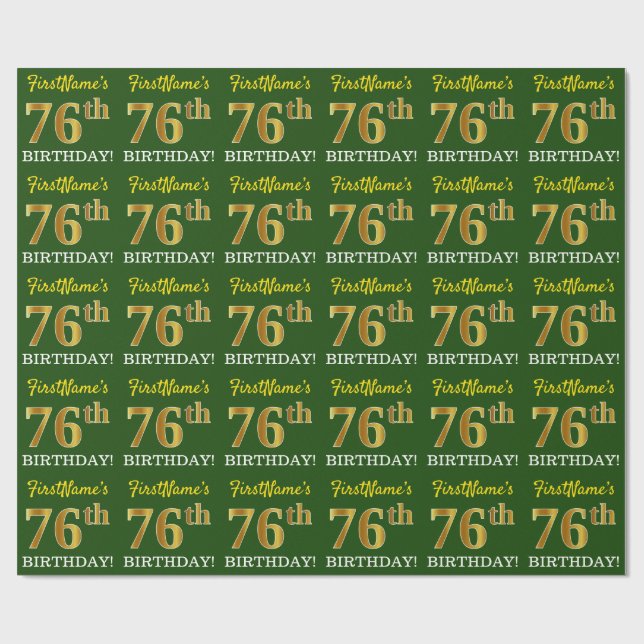 Green, Imitation Gold Look "76th BIRTHDAY" Wrapping Paper (Flat)