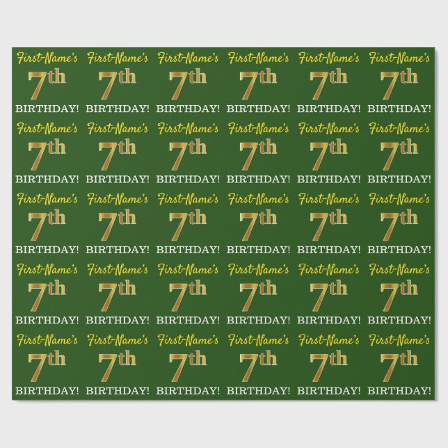 Green, Imitation Gold Look "7th BIRTHDAY" Wrapping Paper (Flat)