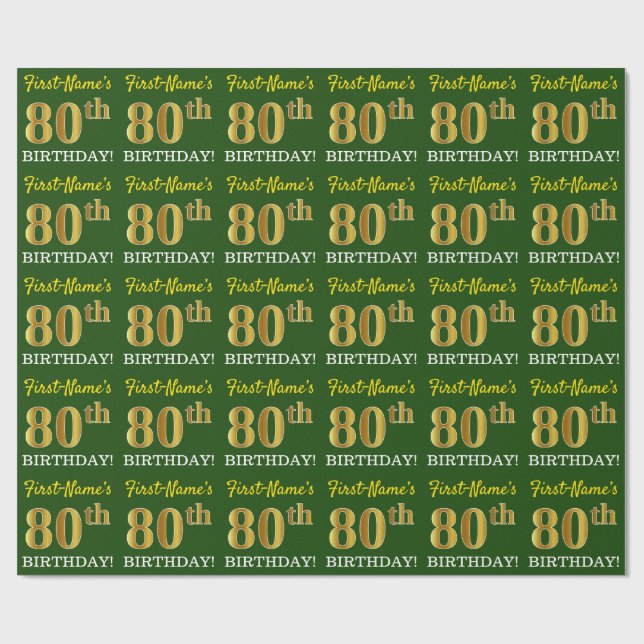 Green, Imitation Gold Look "80th BIRTHDAY" Wrapping Paper (Flat)