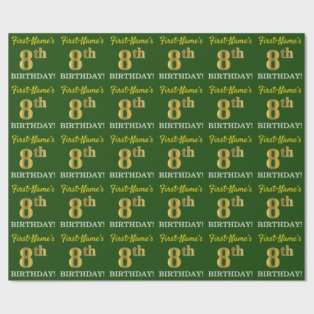 Green, Imitation Gold Look "8th BIRTHDAY" Wrapping Paper (Flat)