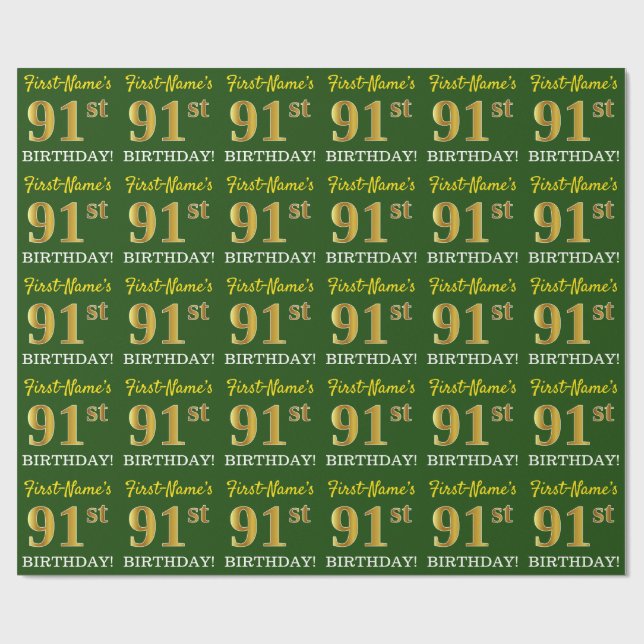 Green, Imitation Gold Look "91st BIRTHDAY" Wrapping Paper (Flat)