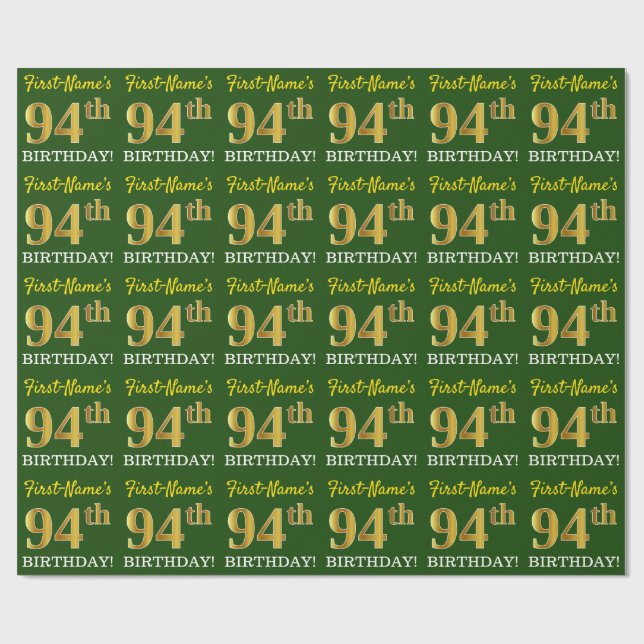 Green, Imitation Gold Look "94th BIRTHDAY" Wrapping Paper (Flat)