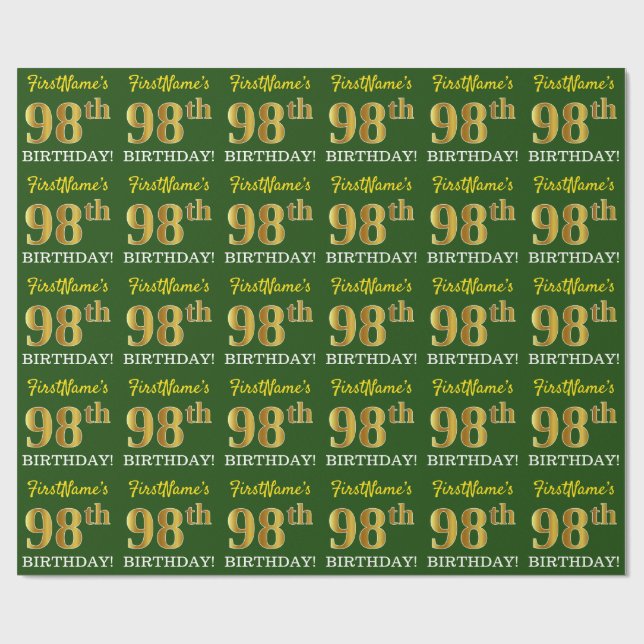 Green, Imitation Gold Look "98th BIRTHDAY" Wrapping Paper (Flat)