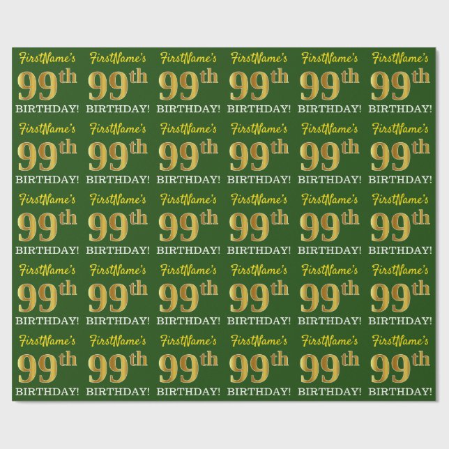 Green, Imitation Gold Look "99th BIRTHDAY" Wrapping Paper (Flat)