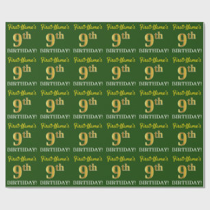 Green, Imitation Gold Look "9th BIRTHDAY" Wrapping Paper