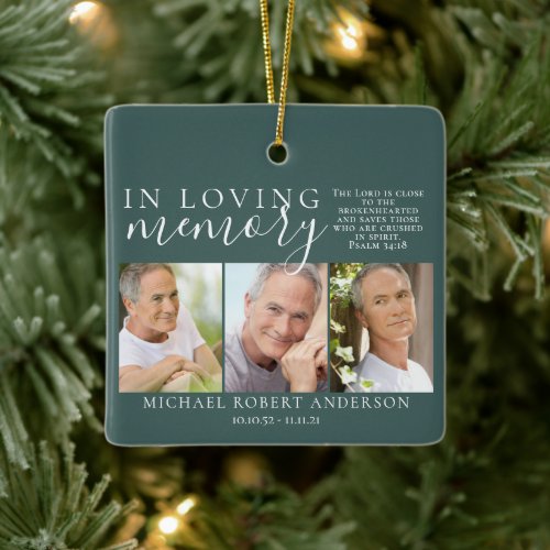 Green In Loving Memory Photo Memorial Tribute  Ceramic Ornament