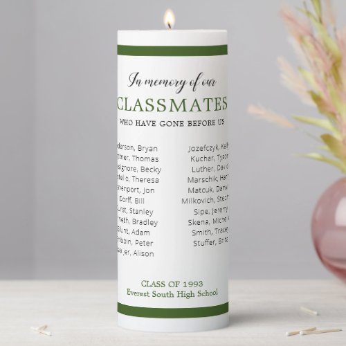 Green In Memory Of Our Classmates School Reunion Pillar Candle
