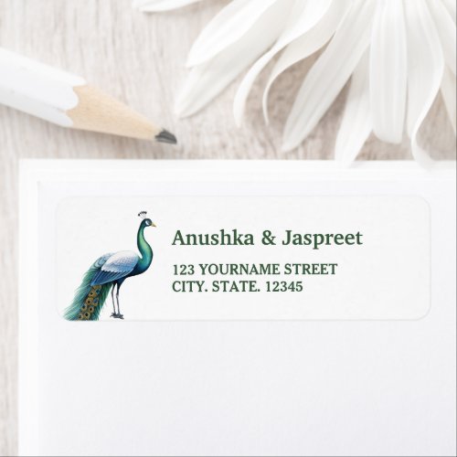 Green Indian Peacock Wedding Return Address Label
