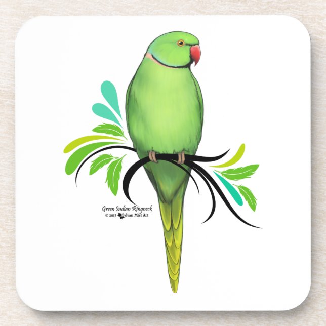 Green Indian Ringneck Parrot Drink Coaster (Front)
