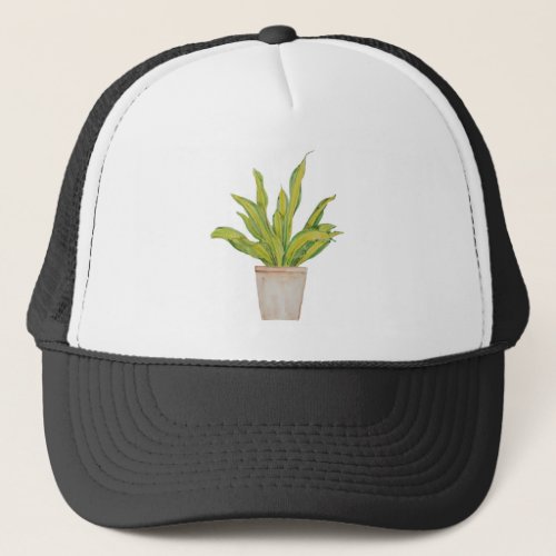 green indoor plant in brown pot watercolor 2 trucker hat