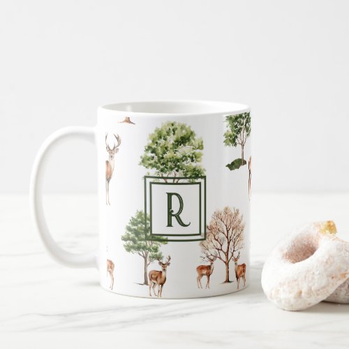 Green Initial Custom Deer and Trees Pattern Coffee Mug