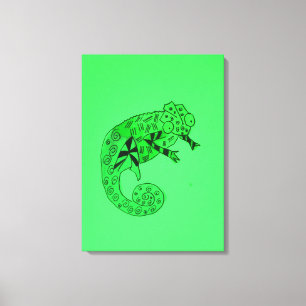 Green ink chameleon reptile kid's canvas art