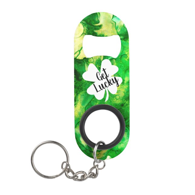 Green Ink Splatters Get Lucky Shamrock Keychain Bottle Opener (Front)
