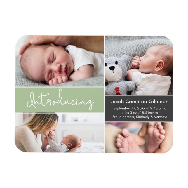 Green Introducing Baby Boy Custom Photo Collage Magnet (Horizontal)