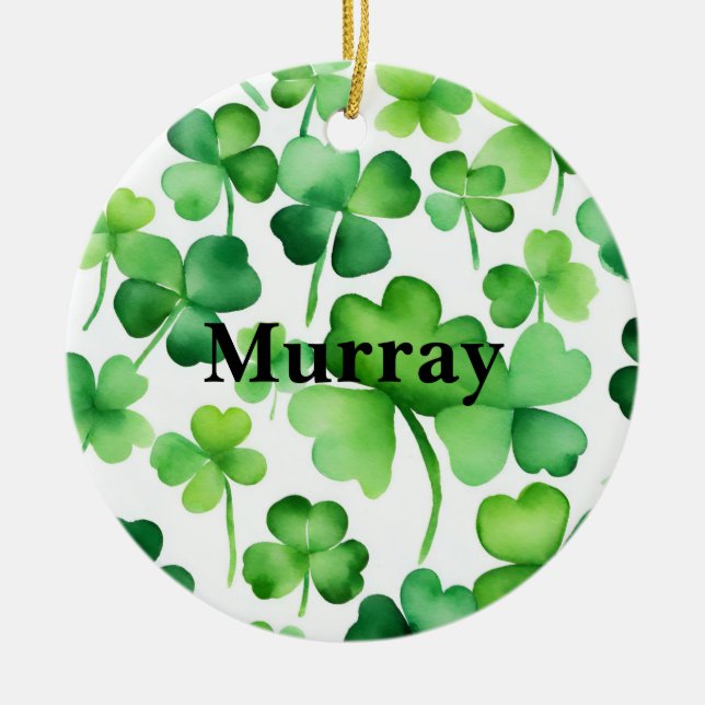 Green Ireland Shamrock Irish Surname Name Custom  Ceramic Ornament (Front)
