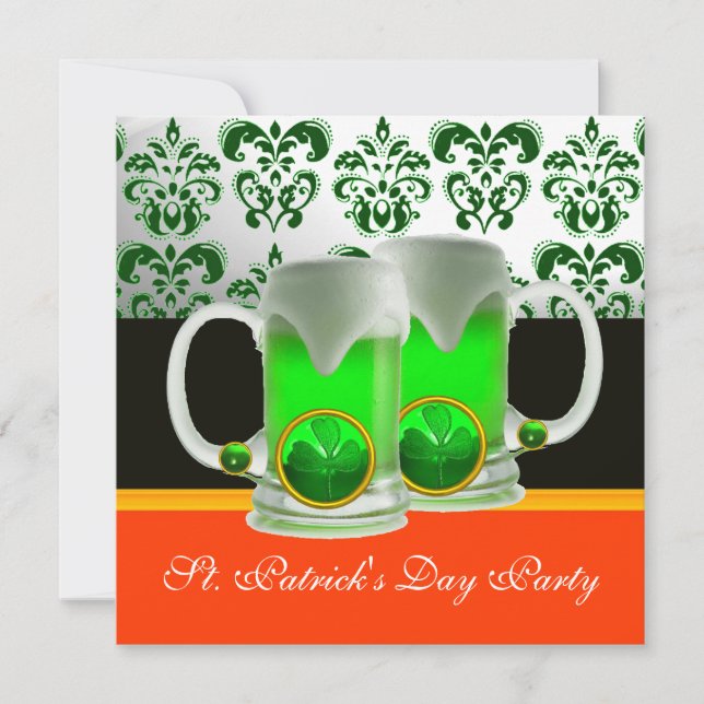 GREEN IRISH BEER GLASSES ,ST PATRICK DAY PARTY INVITATION (Front)