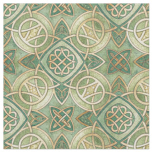 Green Irish Celtic Knot Gold Medallion Pattern Art Fabric