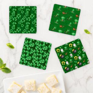 GREEN IRISH GNOMES BEER SHAMROCKS HORSESHOES COASTER SET