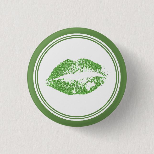 Green Irish Kiss & White Circle Frame Pinback Button (Front)