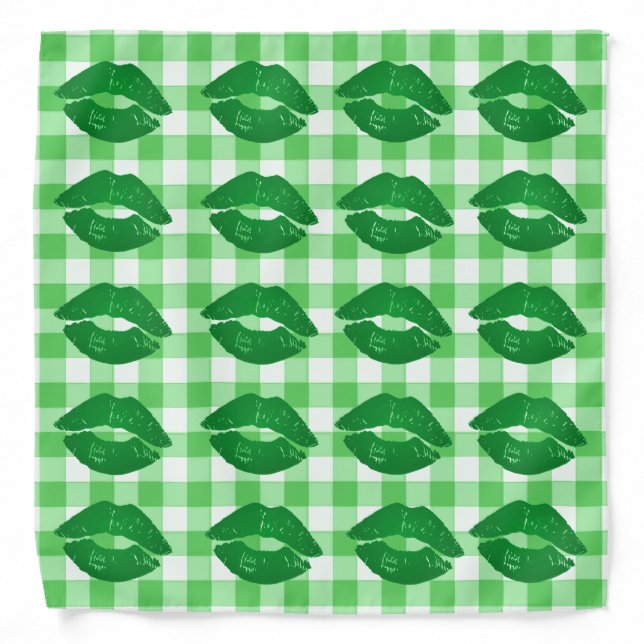 Green Irish Kisses lipstick lip prints on Gingham  Bandana (Front)