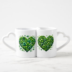 GREEN IRISH SHAMROCK FLORAL HEARTS COFFEE MUG SET