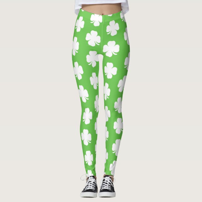 Green Irish Shamrock Happy St Patrick B Leggings (Front)