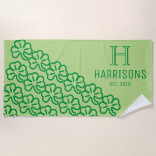 Green Irish Shamrock Personalized Family Name Beach Towel