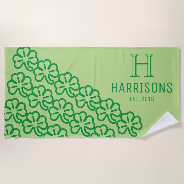 Green Irish Shamrock Personalized Family Name Beach Towel (Front)