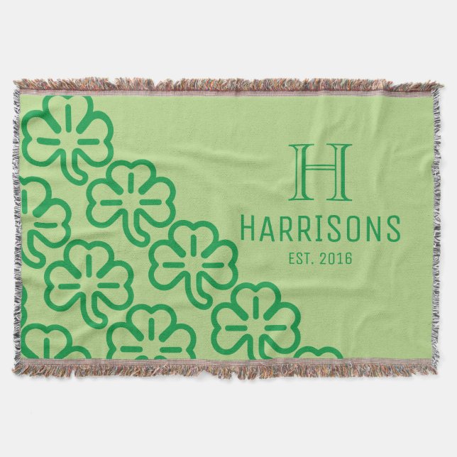 Green Irish Shamrock Personalized Family Name Throw Blanket (Front)