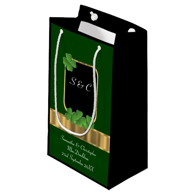 Green Irish shamrock personalized wedding Small Gift Bag (Front Angled)