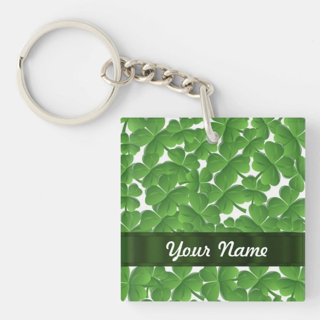 Green Irish shamrocks personalized Keychain (Front)