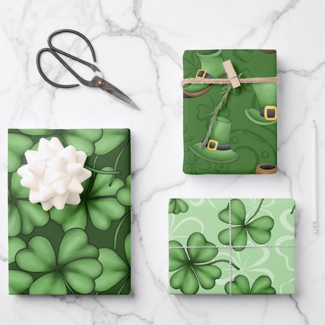 GREEN IRISH SHAMROCKS PIPES TOP HATS WRAPPING PAPER SHEETS (Front)