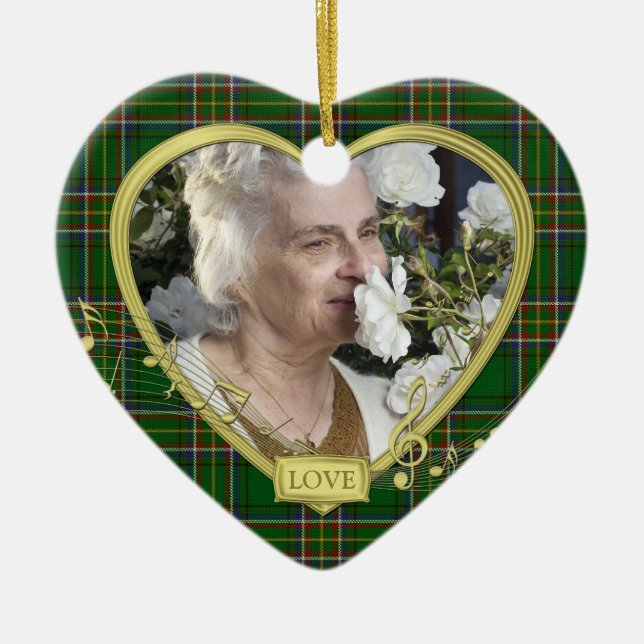 Green Irish Tartan Memorial Heart Photo Christmas Ceramic Ornament (Front)