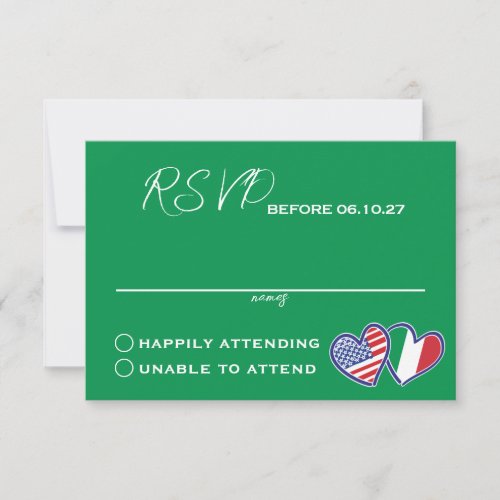 Green Italian American Heart Flags Wedding RSVP Card