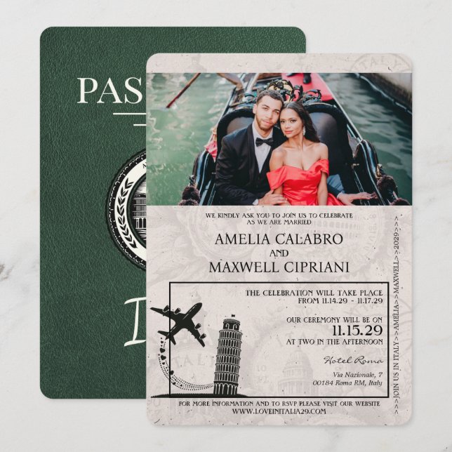 Green Italy Passport Wedding Invitation (Front/Back)