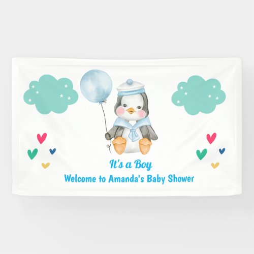 Green Its a Boy Baby Shower Penguin Animal Banner