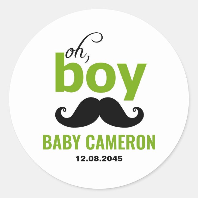 Green It's a Boy Mustache Baby Shower Sticker (Front)