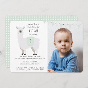 Green & Ivory Cute Llama Kids Birthday Party Invitation