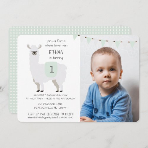 Green  Ivory Cute Llama Kids Birthday Party Invitation