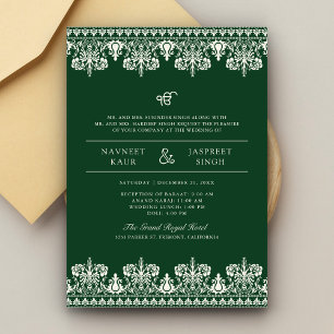 Green Ivory Damask Border Anand Karaj Sikh Wedding Invitation